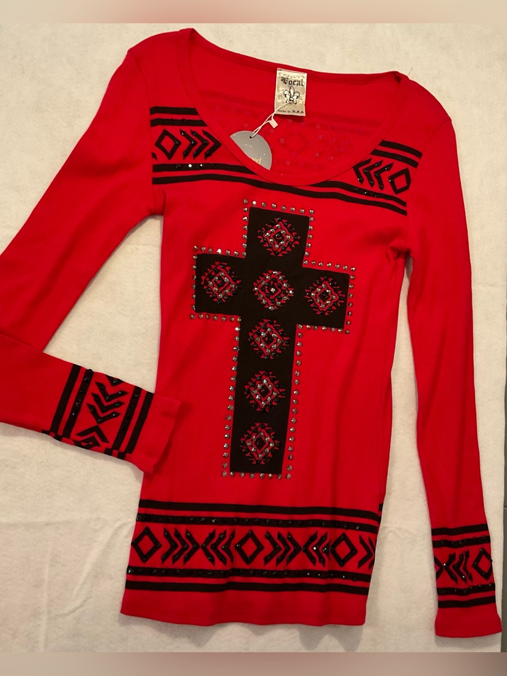 Vocal Red Embellished Cross-Front Women's Long-Sleeve Thermal Tee